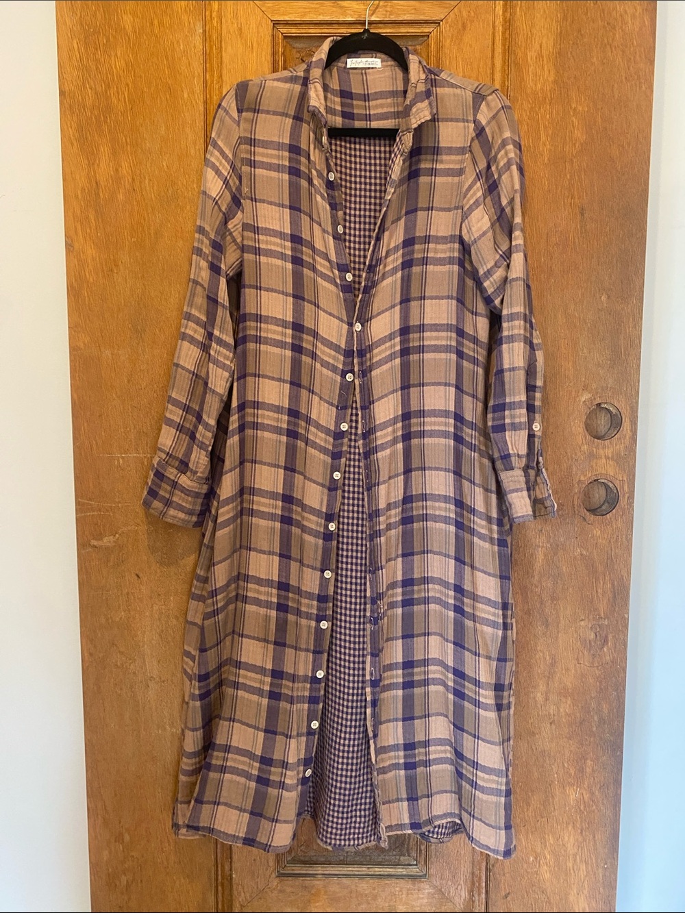 Free People CP Shades duster long button down shirt plaid MEDIUM purple tan